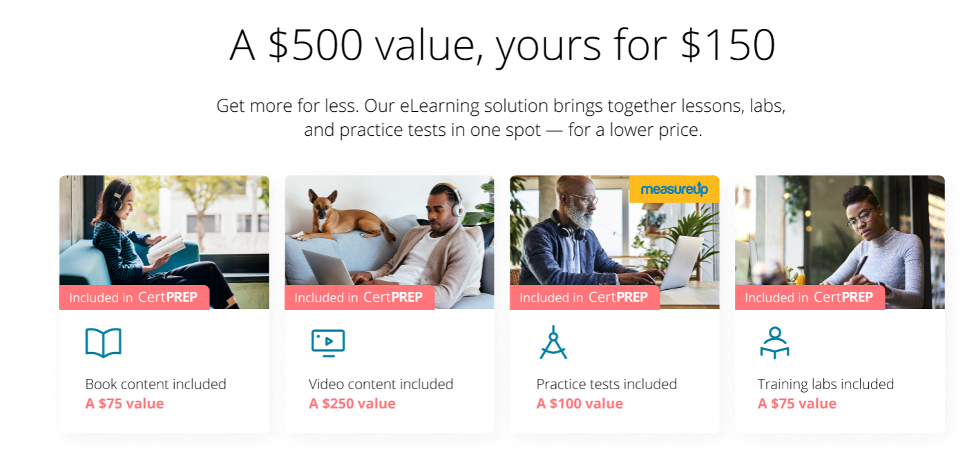 A $500 value, your for $150: Get more for less. Our eLearning solution brings together lessons, labs, and practice tests in one spot — for a lower price. CertPREP includes book content (a $75 value), video content (a $250 value), practice tests (a $100 value), and training labs (a $75 value).